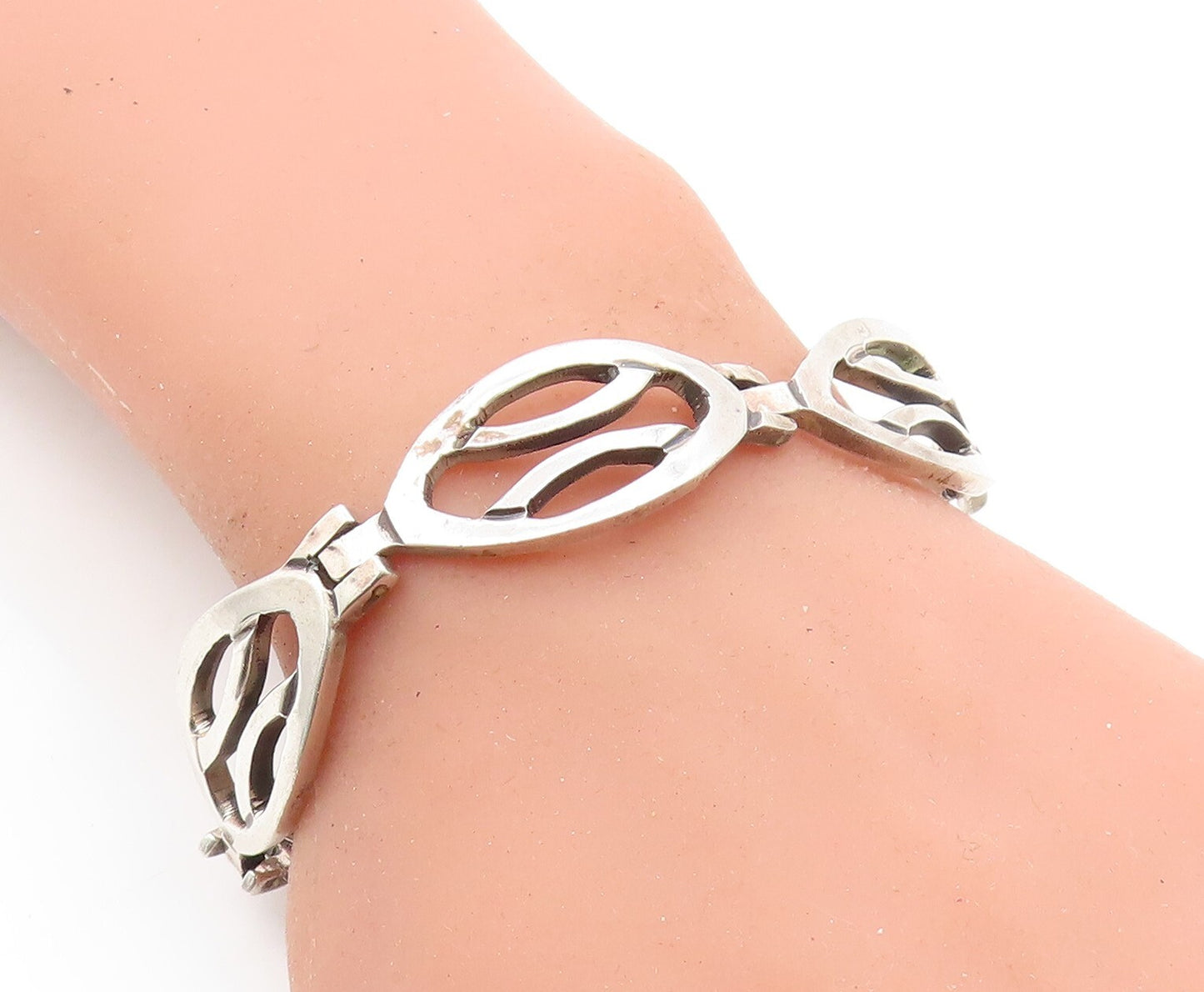 MEXICO 925 Sterling Silver Vintage Shiny Open Hinge Chain Bracelet BT2740