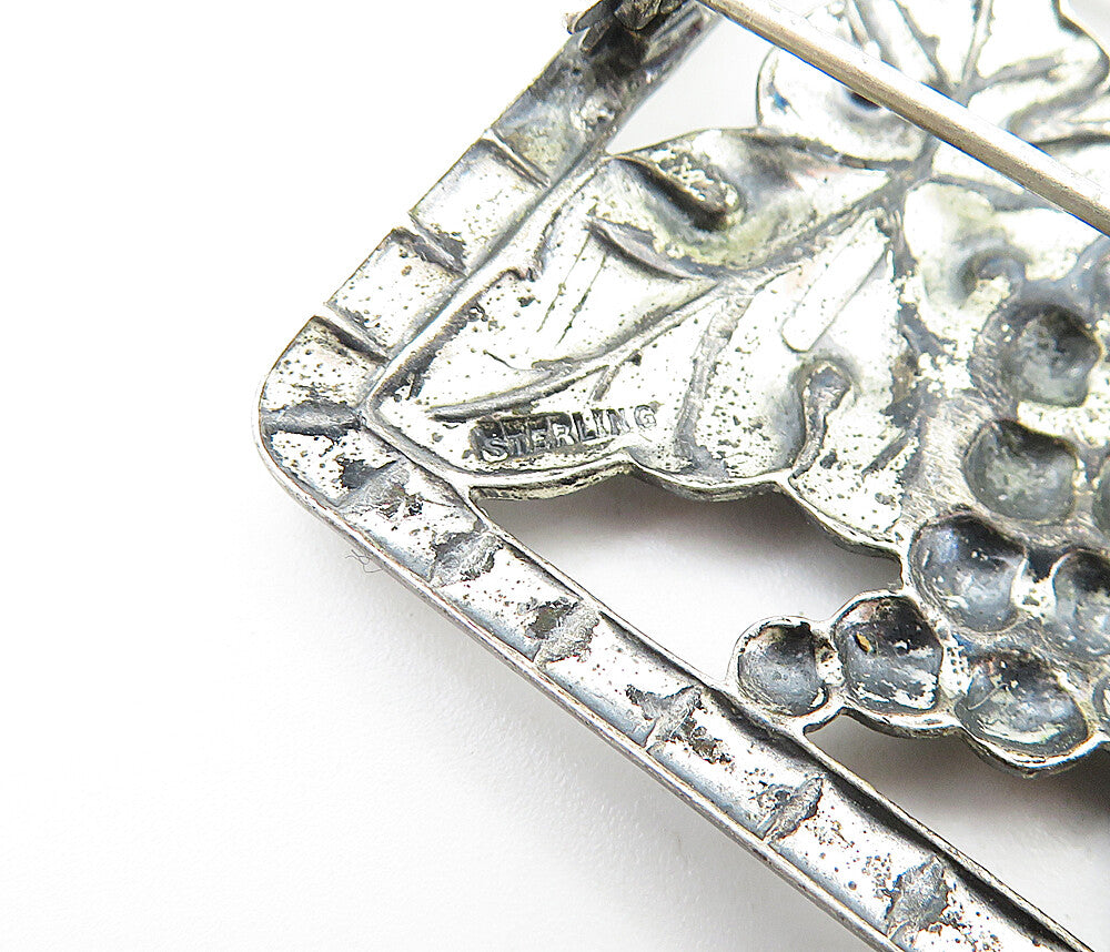 925 Sterling Silver Vintage Antique Grape Bunch Square Brooch Pin BP2693