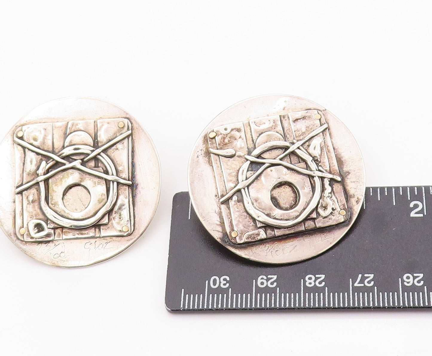 925 Sterling Silver Vintage Earrings Designer Brutalist Carved EG13509