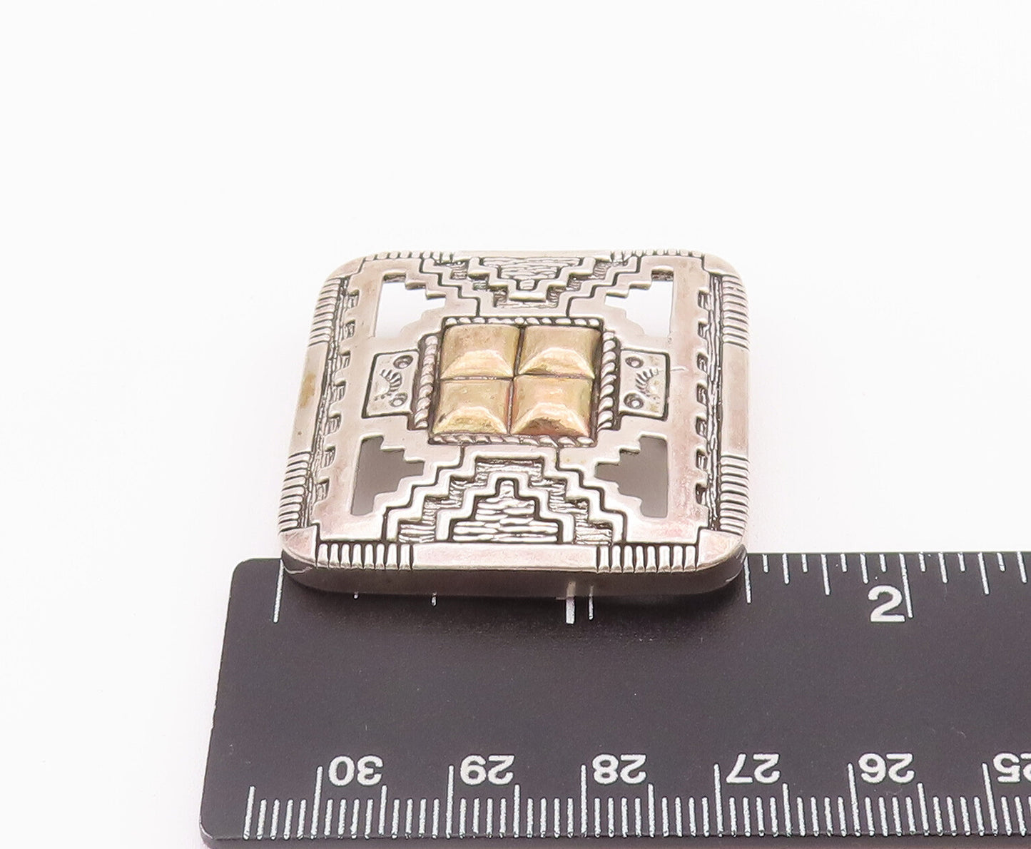 12k Gold 925 Sterling Silver Vintage Brooch Pin NAVAJO Aztec Carved BP10750