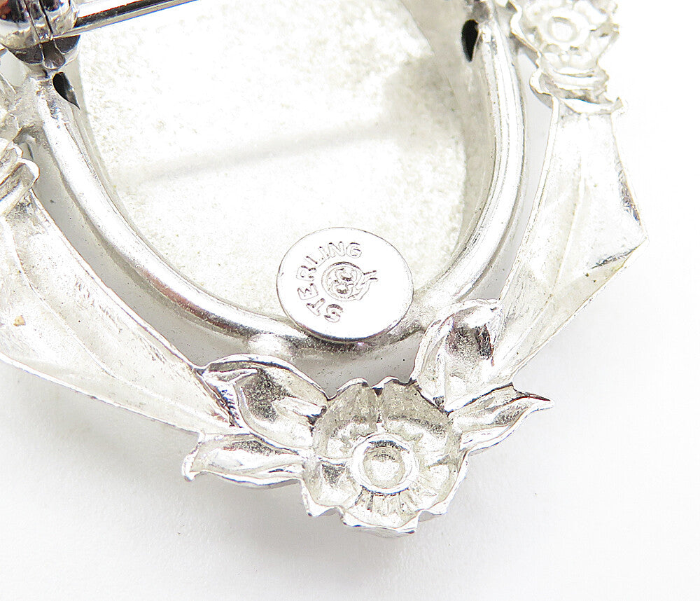 925 Sterling Silver Vintage Shiny Floral Wreath Matte Oval Brooch Pin BP2767