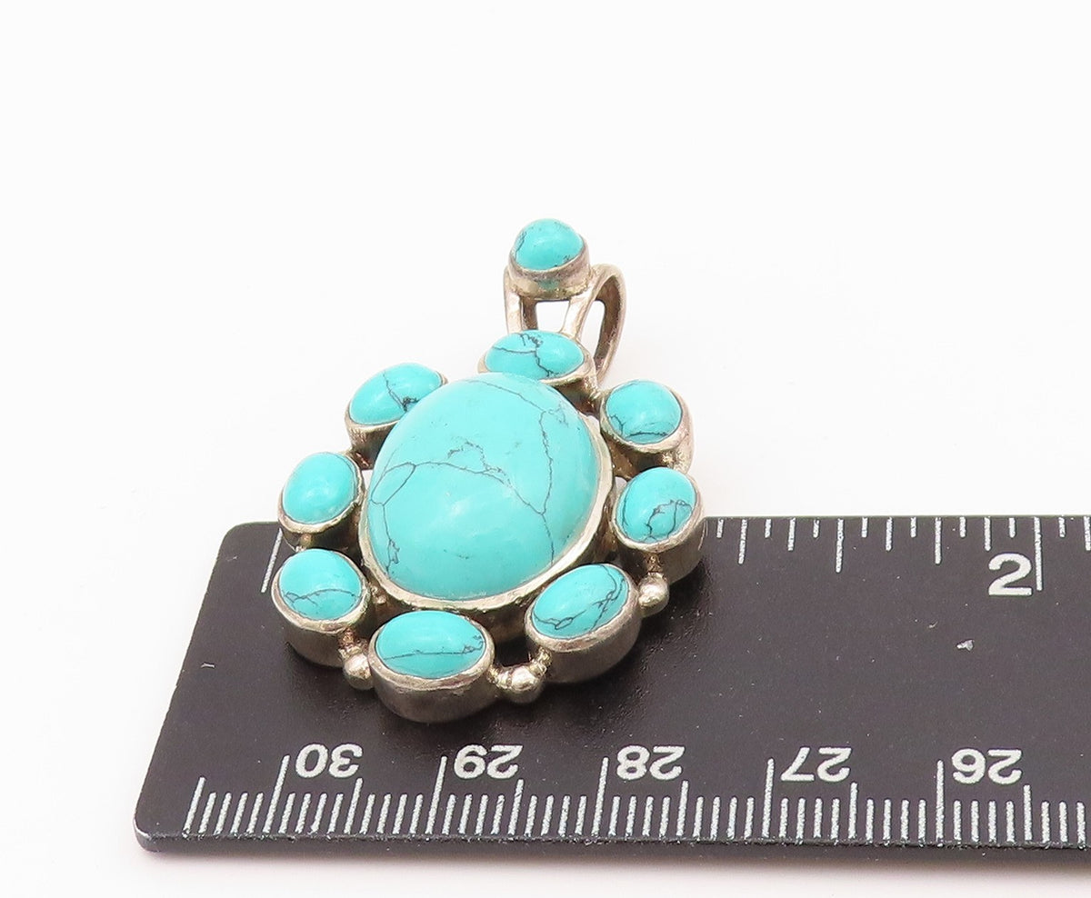 925 Sterling Silver Vintage Pendant Oval Cabochon Turquoise Flower PT24312