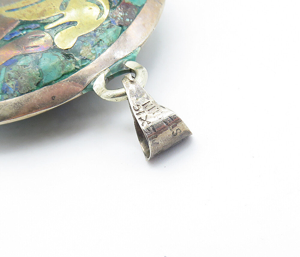MEXICO 925 Sterling Silver Vintage Jasper Three Tone Pattern Pendant PT4890