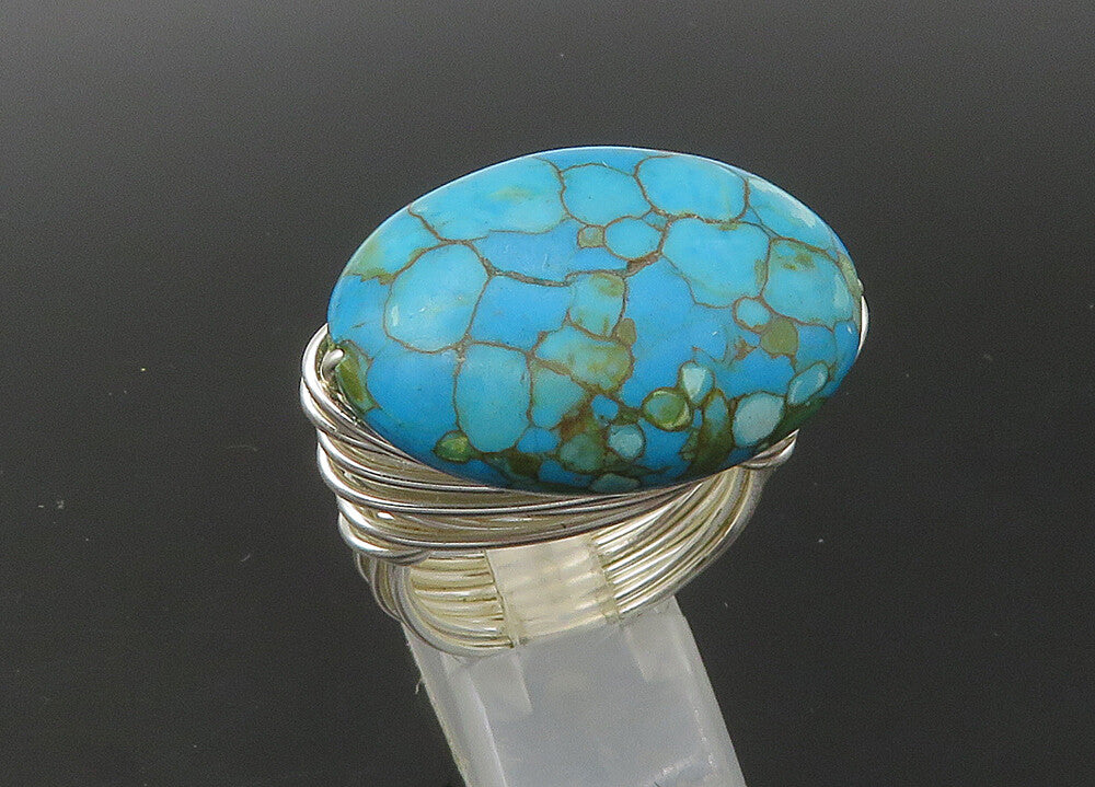 925 Sterling Silver Vintage Turquoise Shiny Wire Cocktail Ring Sz 10 RG22600