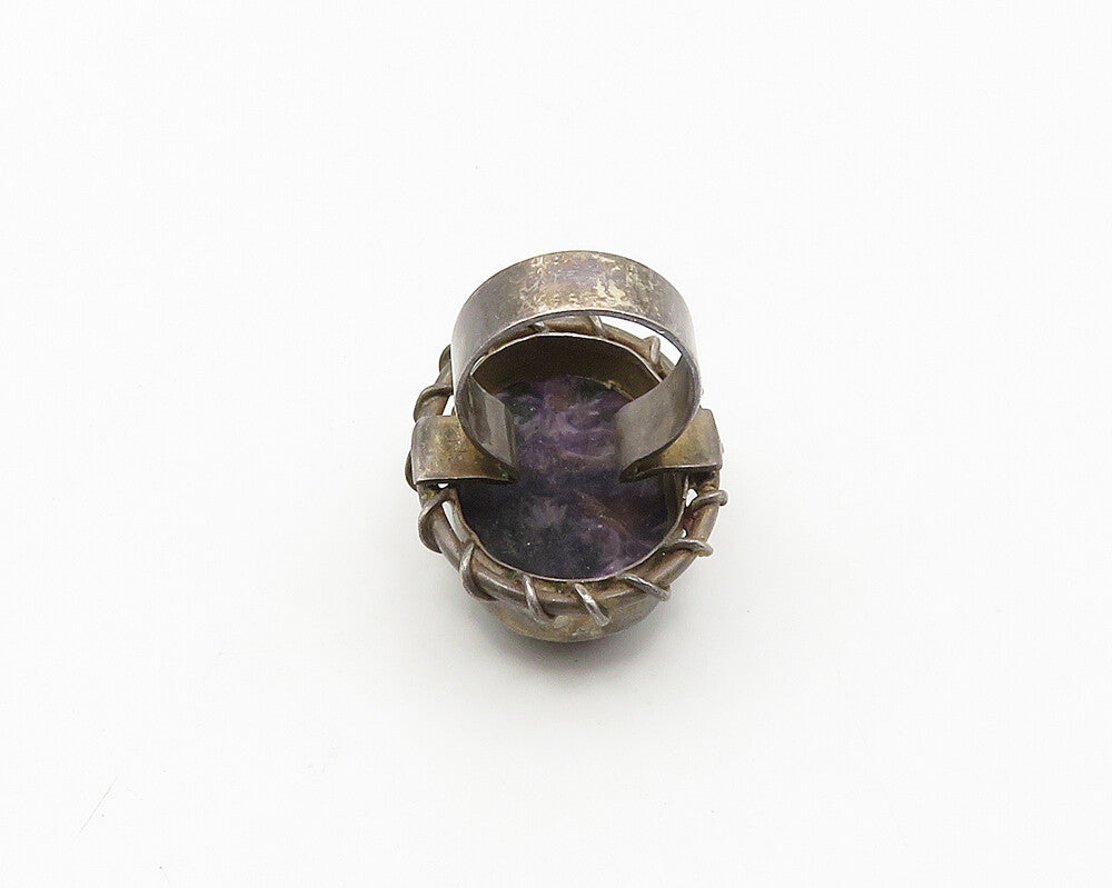 925 Sterling Silver Vintage Charoite Stitched Cocktail Ring Sz 7 RG18708