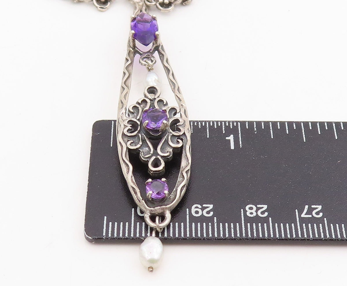 925 Sterling Silver Vintage Necklace Purple Amethyst & Pearl Floral Drop NE4756