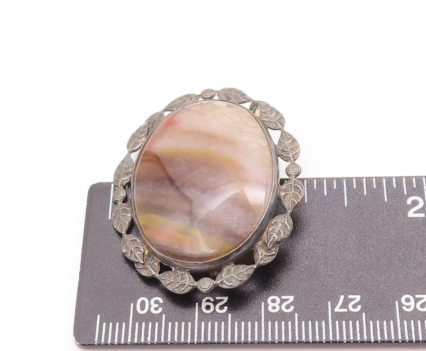 925 Sterling Silver Vintage Brooch Pin Gemstone Halo Carved Leaf Frame BP10867
