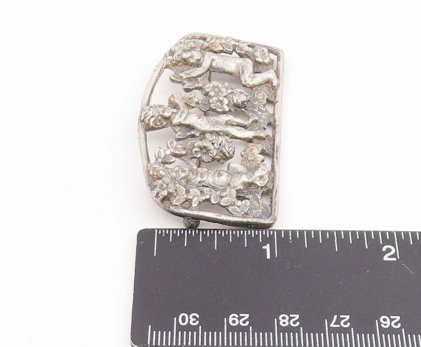 925 Sterling Silver Vintage Brooch Pin Antique Cherub Angel & Garland BP12393