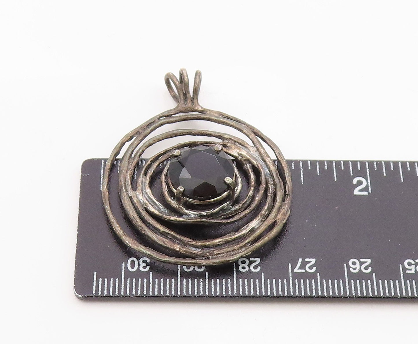 925 Sterling Silver Vintage Pendant ISRAEL Faceted Onyx Spiral Charm PT26348
