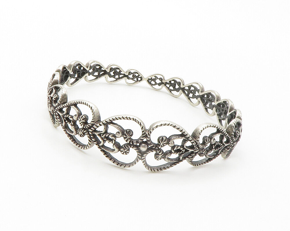 925 Sterling Silver Vintage Open Love Heart Twist Bangle Bracelet BT5581