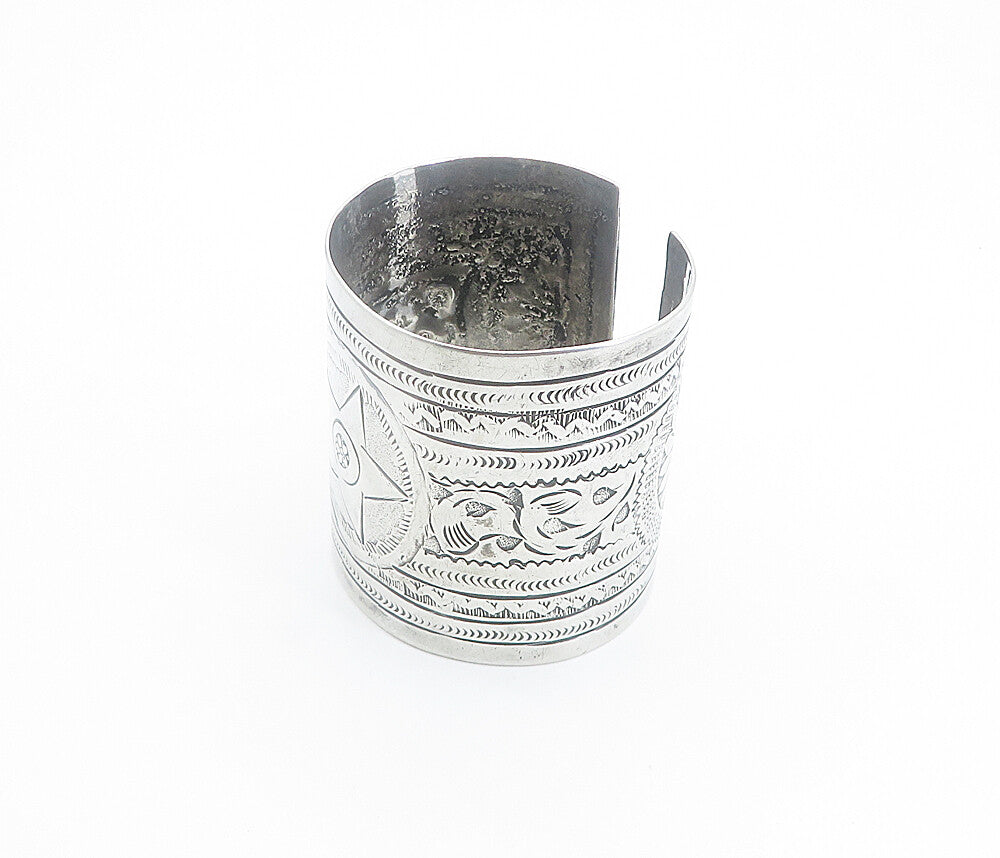 Solid Silver Vintage Antique Etched Star Pattern Cuff Bracelet BT3372