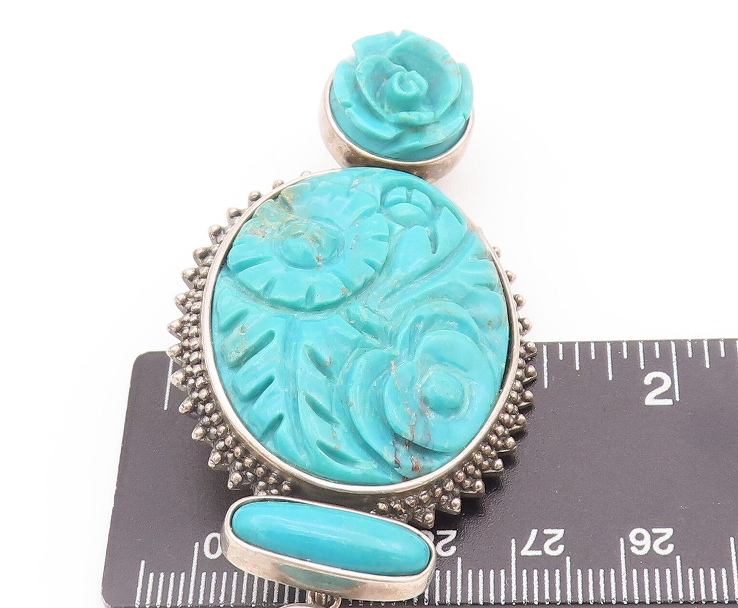 925 Sterling Silver Vintage Brooch Pin AMY KHAN RUSSELL Carved Turquoise BP10754