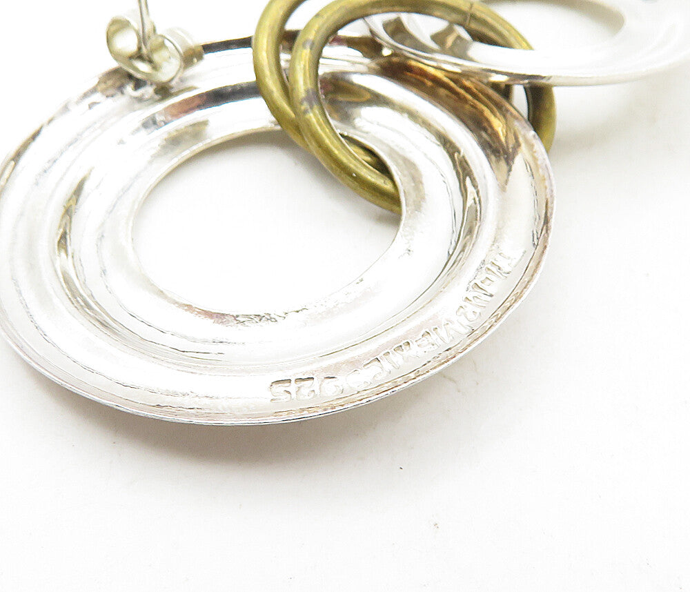 MEXICO 925 Sterling Silver Vintage Shiny 2 Tone Linked Drop Earrings EG4859