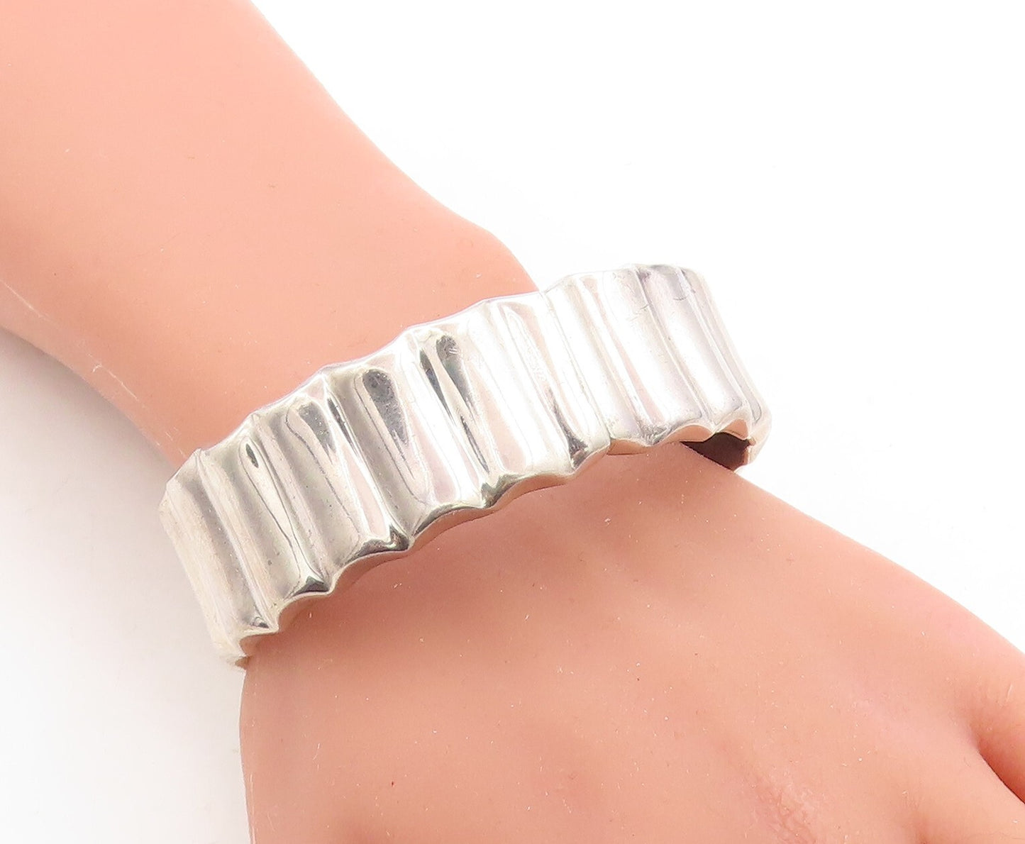 MEXICO 925 Sterling Silver Vintage Shiny Fluted Round Bangle Bracelet BT1190