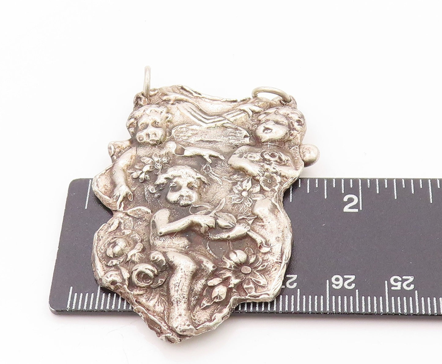 925 Sterling Silver Vintage Pendant Dark Tone Antique Cherubs Carved PT24131