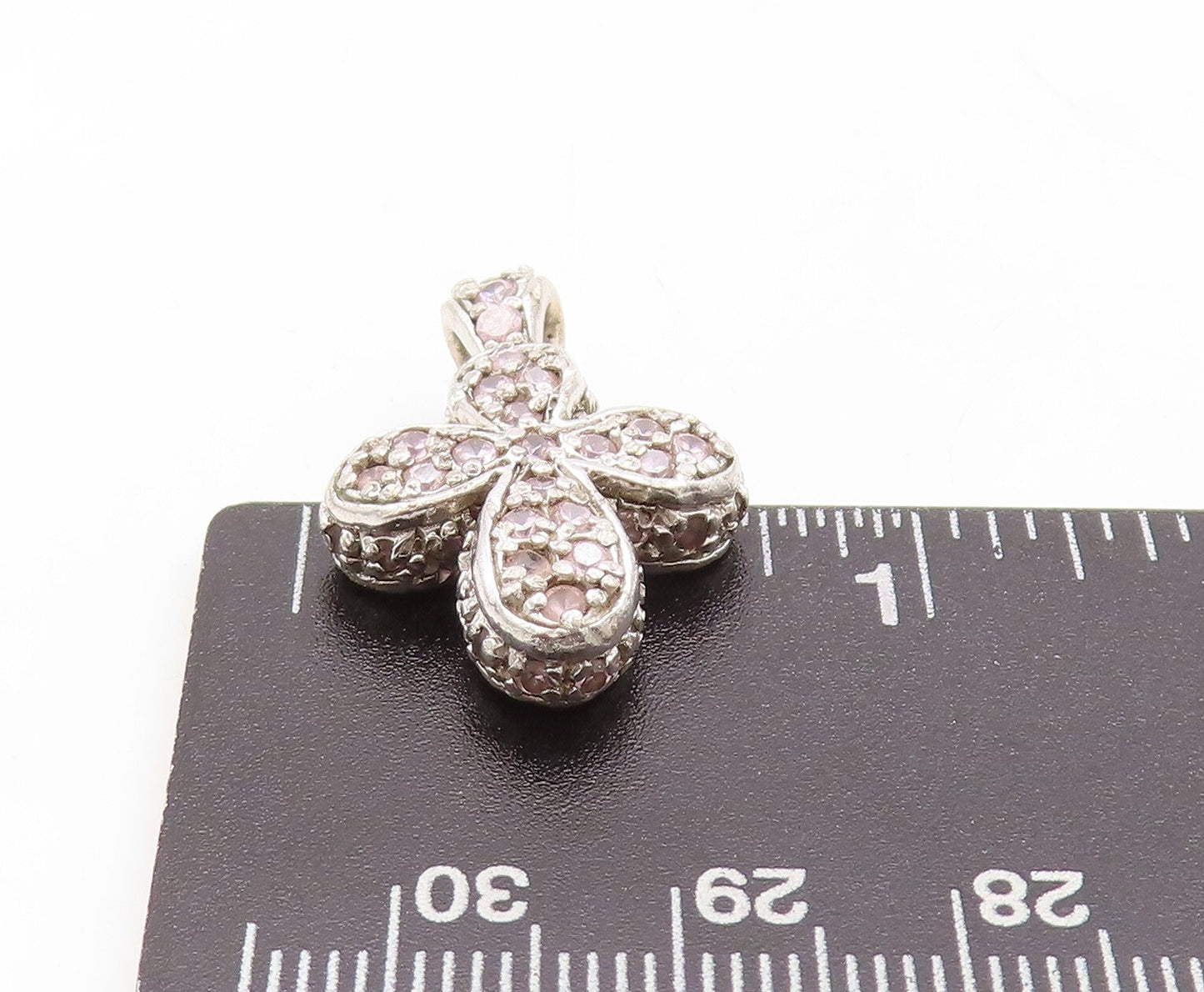 925 Sterling Silver Vintage Pendant 4 Petal 2 Tone Topaz Inlay Flower PT23598