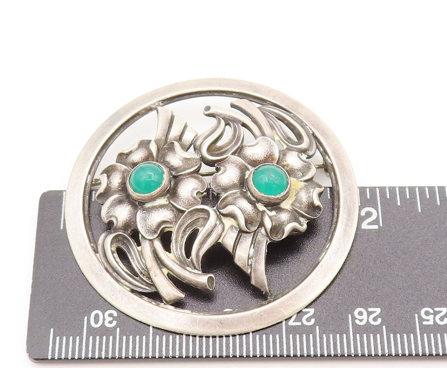 925 Sterling Silver Vintage Chrysoprase Flower Round Frame Brooch Pin BP10322