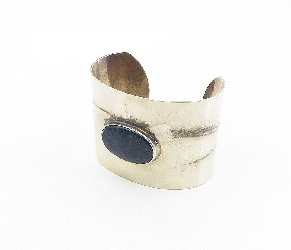 925 Sterling Silver Vintage Sodalite Smooth Shiny Wide Cuff Bracelet BT3935