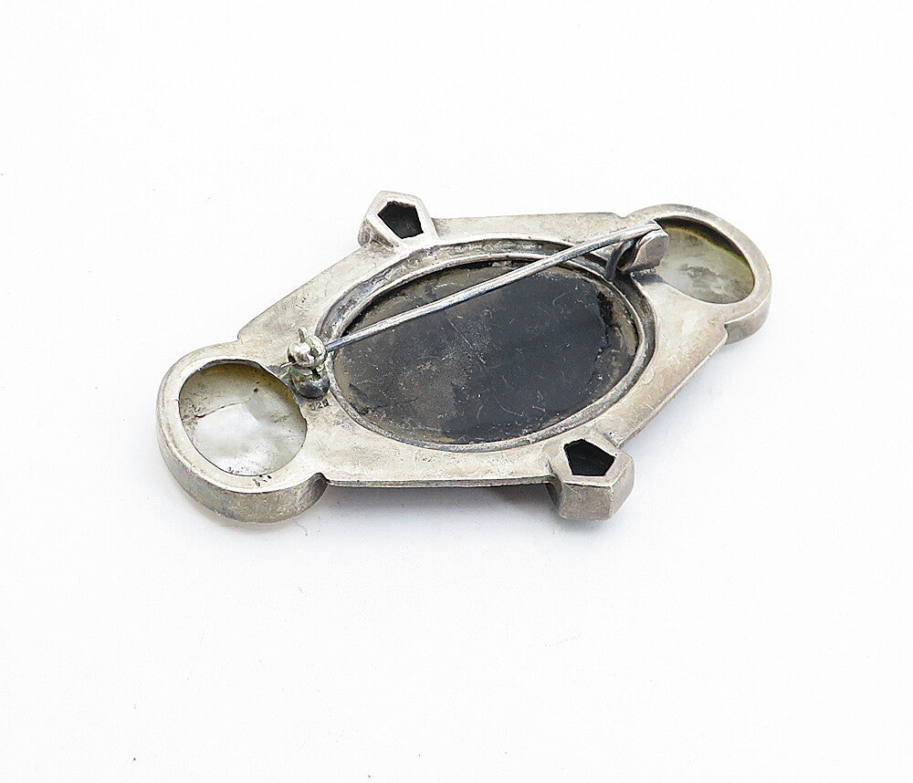 925 Silver Vintage Black Onyx Mother Of Pearl & Malachite Brooch Pin BP1753