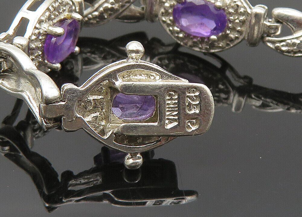 925 Sterling Silver Vintage Amethyst XO Hinge Link Chain Bracelet BT8137