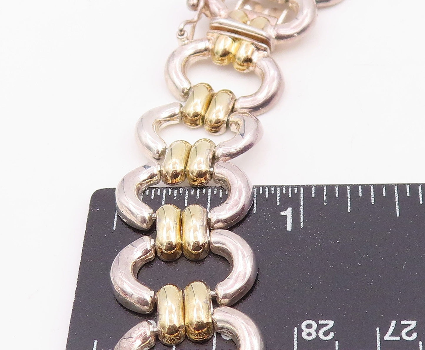 925 Sterling Silver Vintage Necklace Two Tone Modernist Oval Link Choker NE4781
