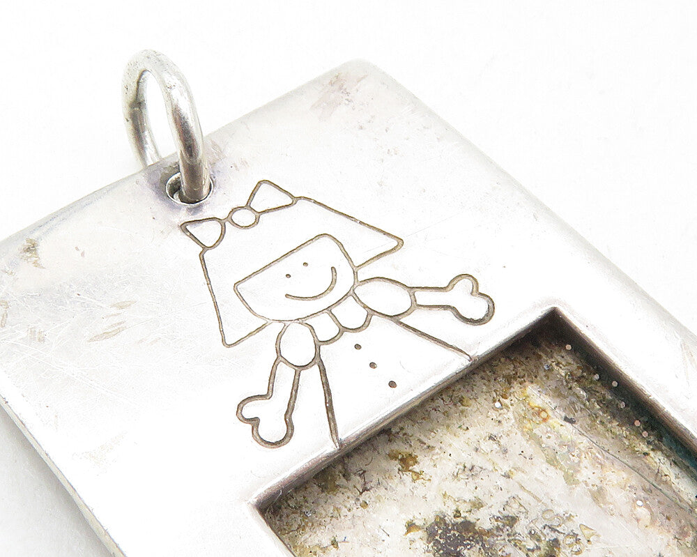 MEXICO 925 Silver Vintage Etched Little Girl Square Drop Pendant PT7256