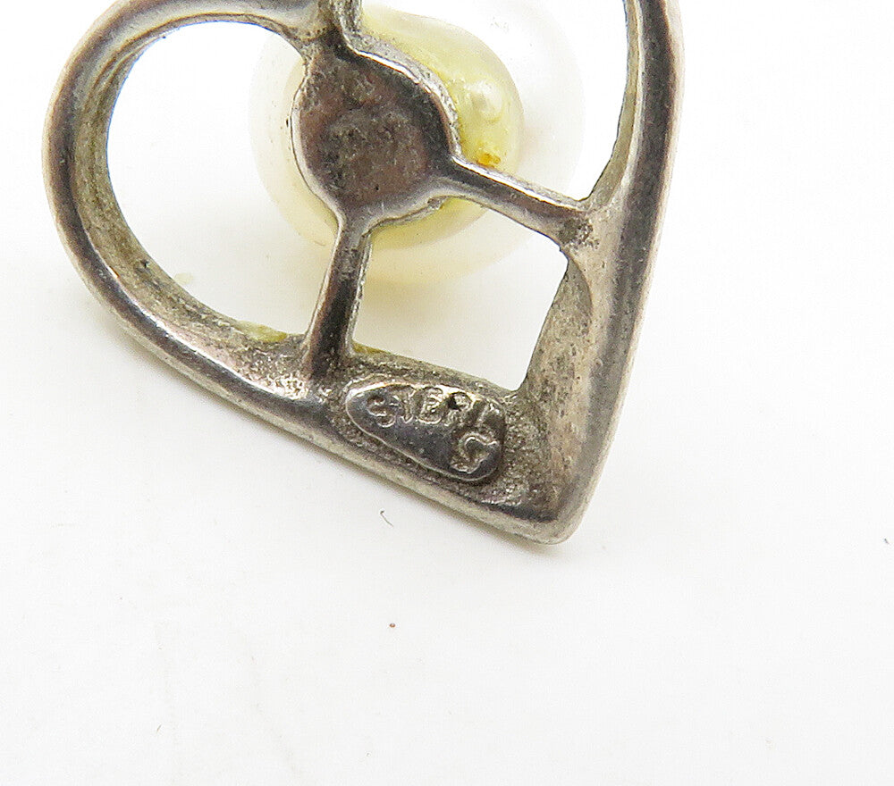 925 Sterling Silver Vintage Freshwater Pearl Open Love Heart Pendant PT13112