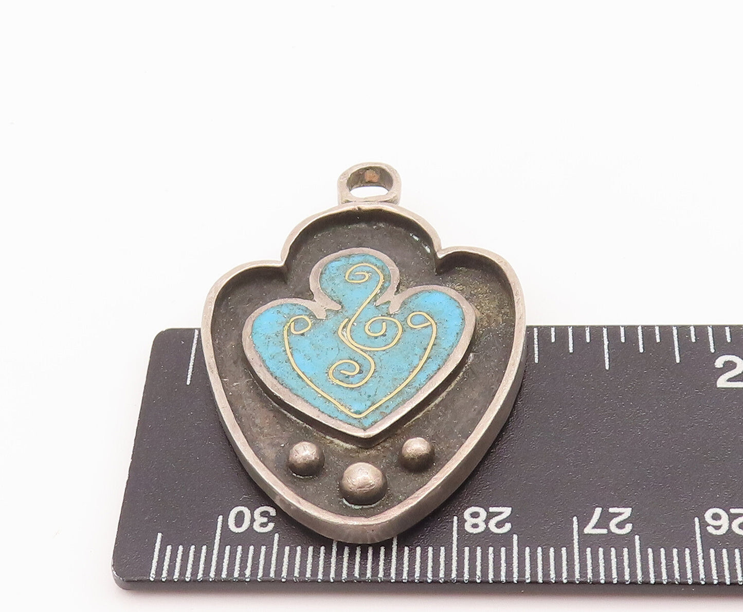 925 Sterling Silver Vintage Pendant Modernist Swirly Inlay Turquoise PT22564