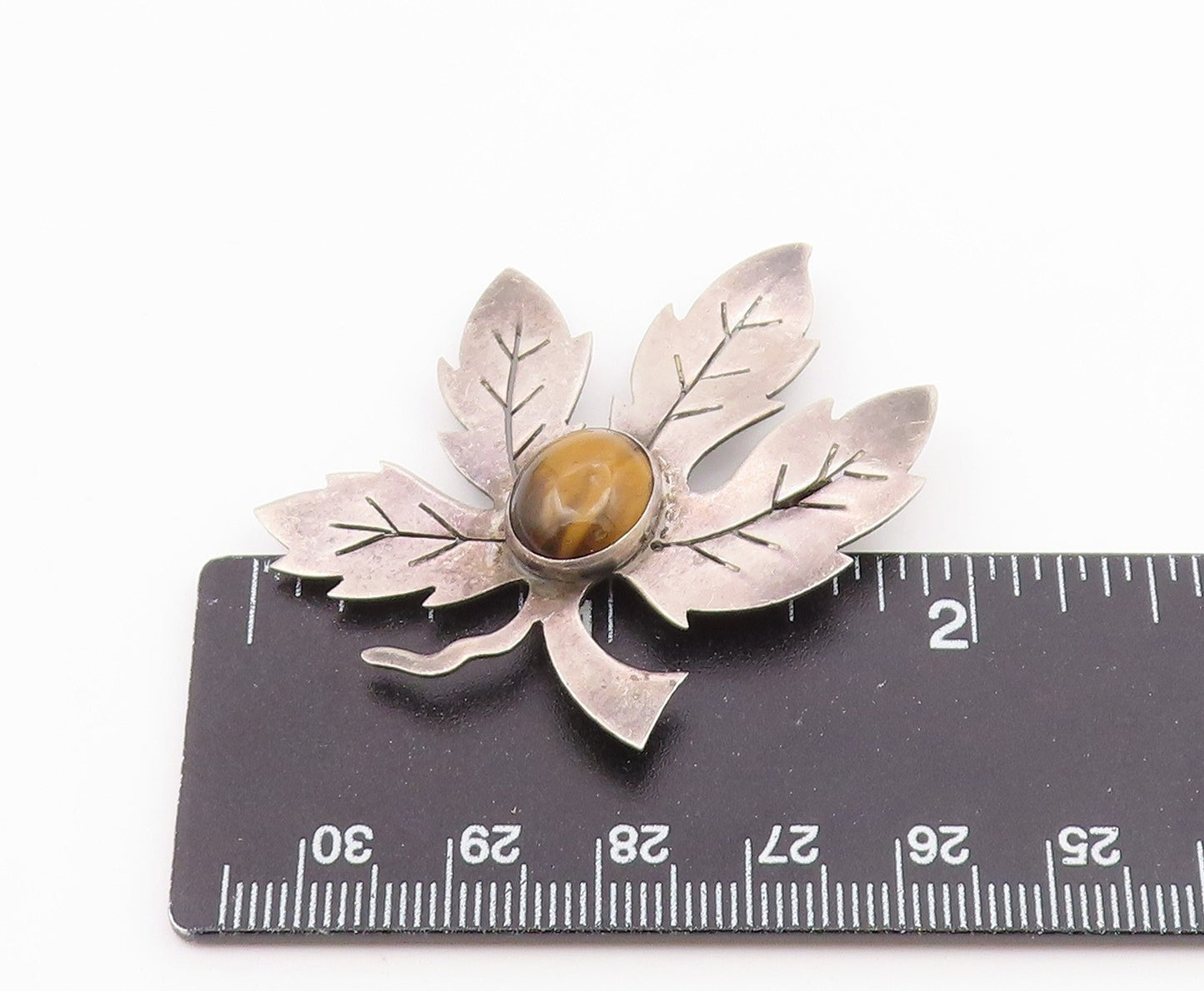ISRAEL 925 Sterling Silver Vintage Tiger's Eye Carved Leaf Brooch Pin BP9402