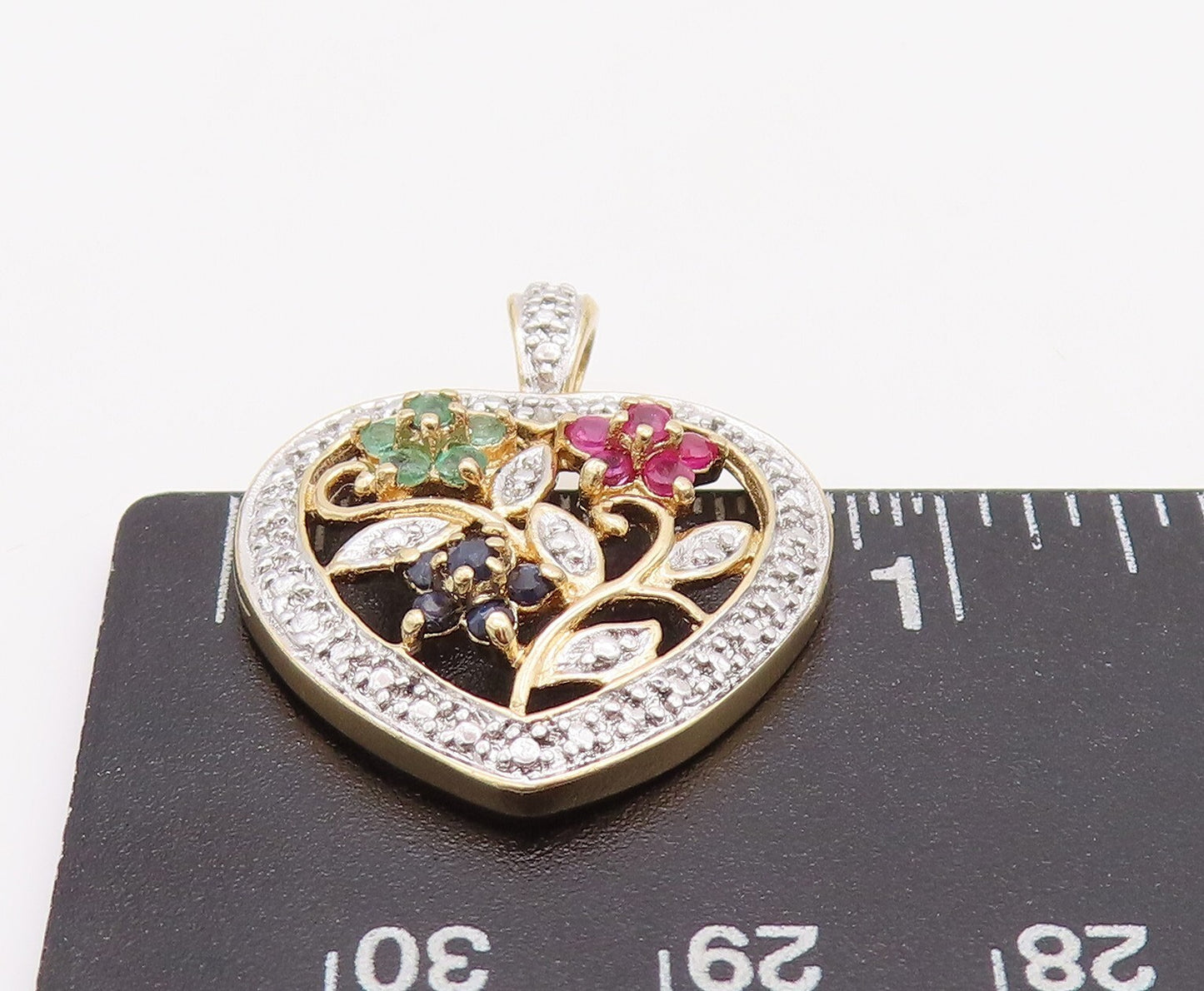 925 Sterling Silver Vintage Pendant Gold Plated Floral Gemstone Heart PT23510