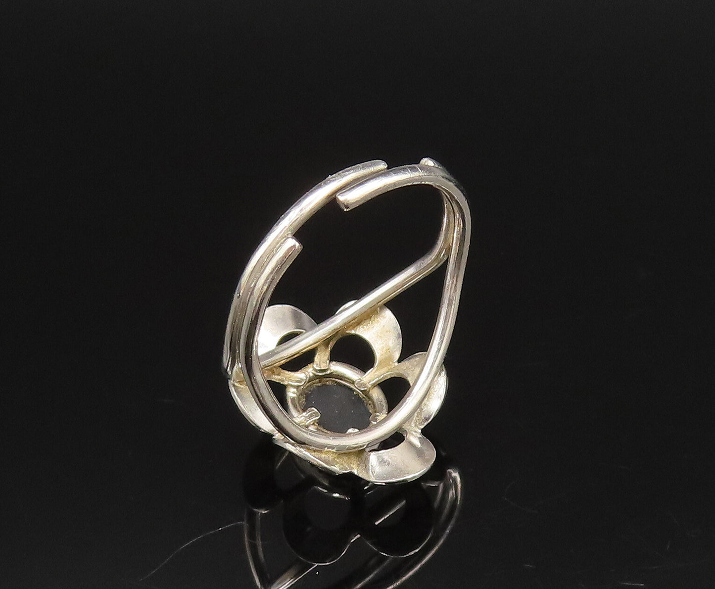 925 Sterling Silver Vintage Open Floral Pedals Black Onyx Ring Sz 6 RG25746