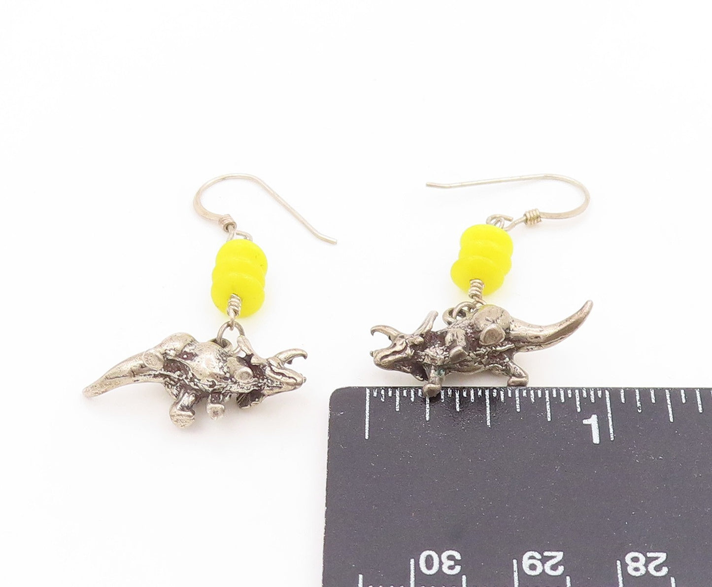 925 Sterling Silver Vintage Earrings Yellow Bead Dinosaur Charm Dangle EG14056
