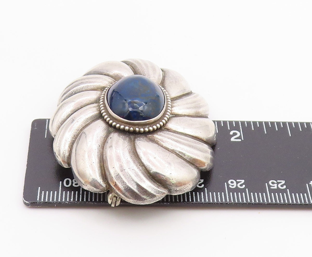 925 Sterling Silver Vintage Cabochon Sodalite Floral Motif Brooch Pin BP7174