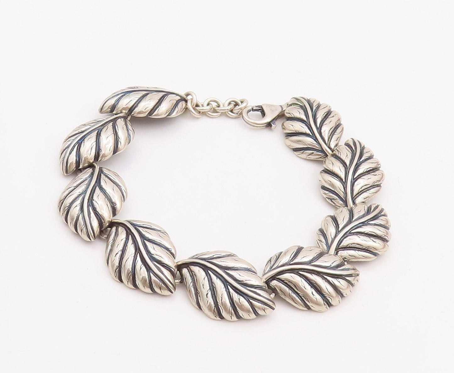 925 Sterling Silver Vintage Bracelet Solid Domed Carved Leaved Linked BT10681