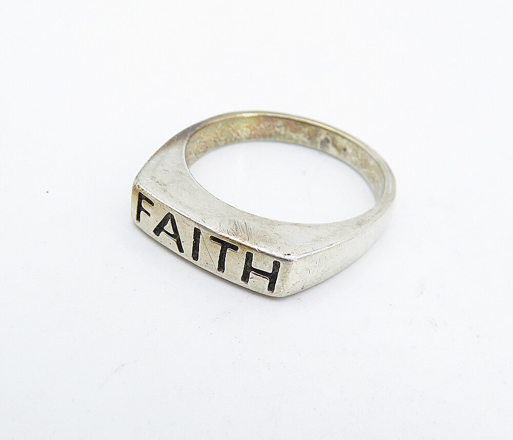925 Sterling Silver Vintage Faith Stamped Square Dome Band Ring Sz 6 RG4473
