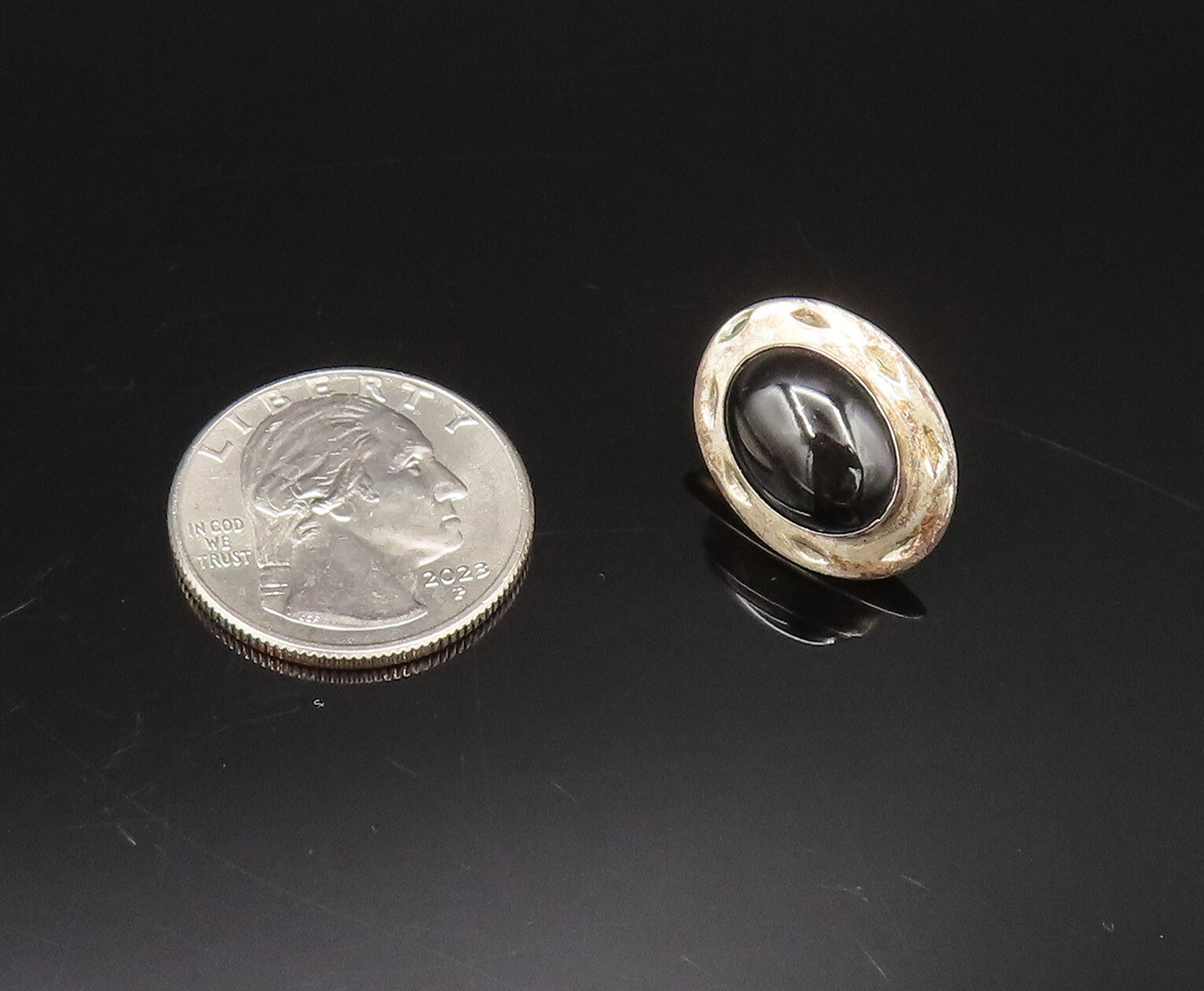 925 Sterling Silver Vintage Etched Oval Frame Black Onyx Earrings EG12174