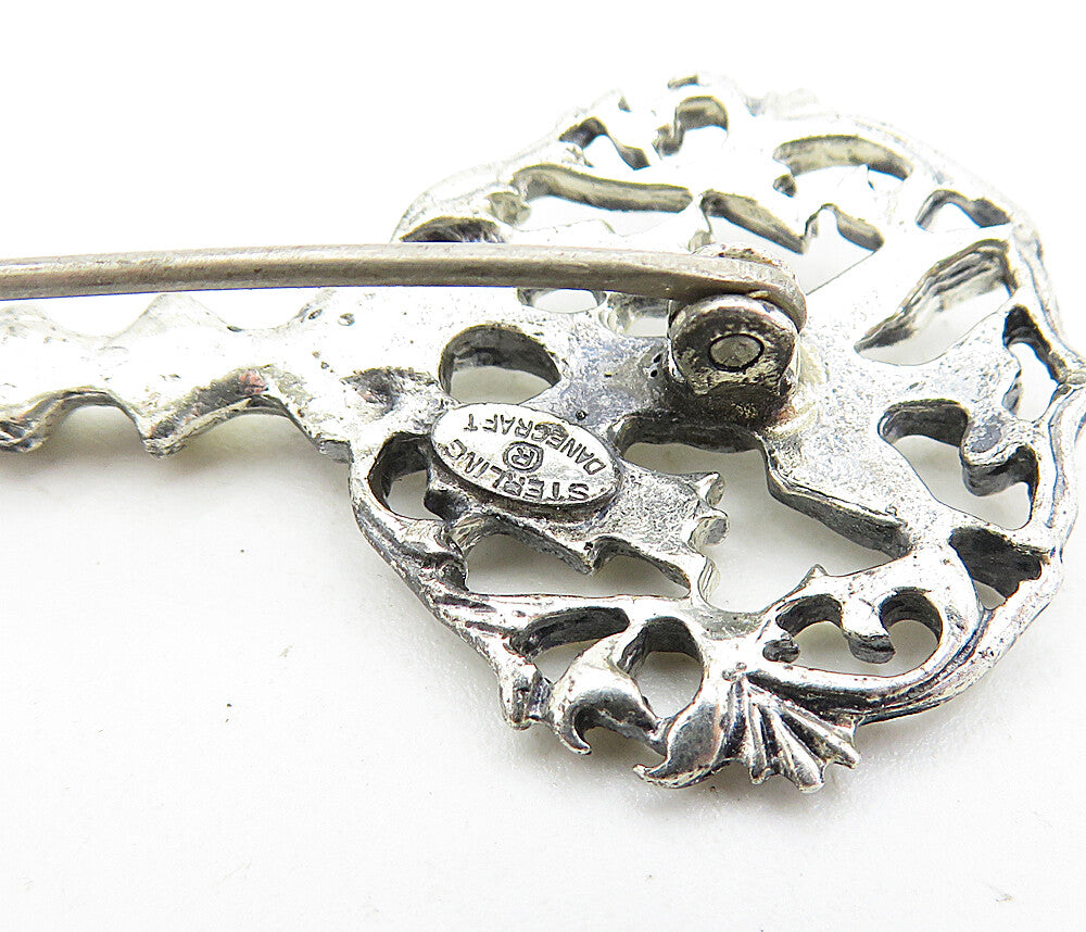 DANECRAFT 925 Sterling Silver Vintage Floral Bird Key Motif Brooch Pin BP2052