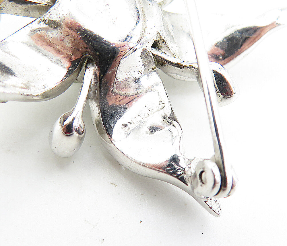 925 Sterling Silver Vintage Topaz Shiny Sculpted Flower Brooch Pin BP1945