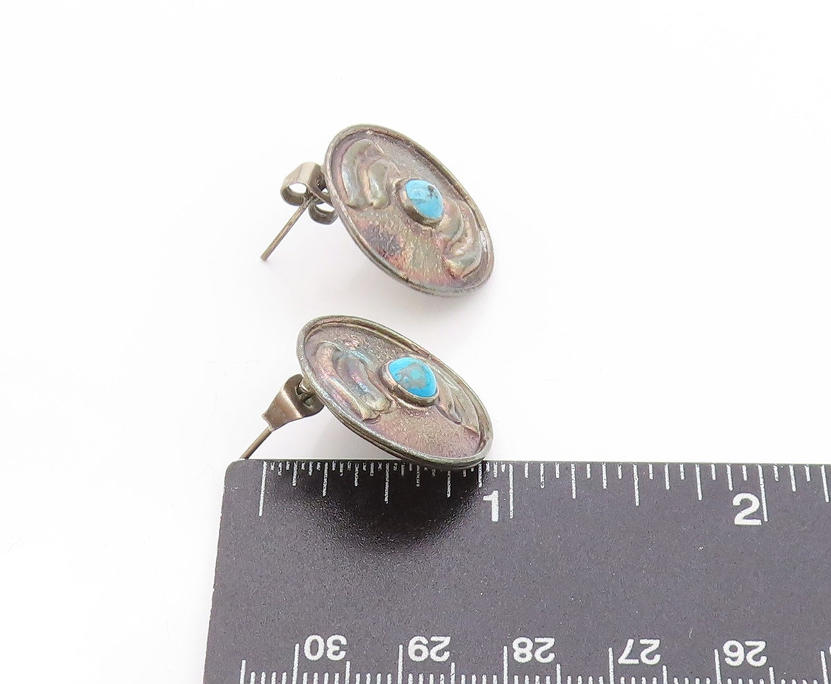 925 Sterling Silver Vintage Earrings Antique Etched Turquoise Disk EG13593