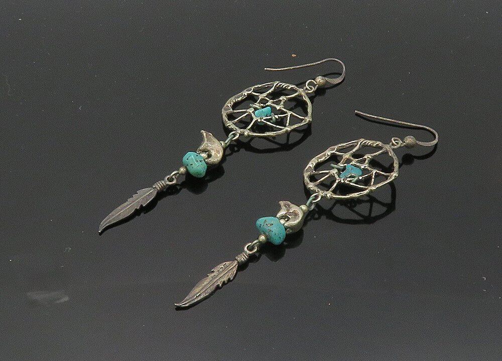 NAVAJO 925 Silver Vintage Turquoise Dream Catcher Dangle Earrings EG10366
