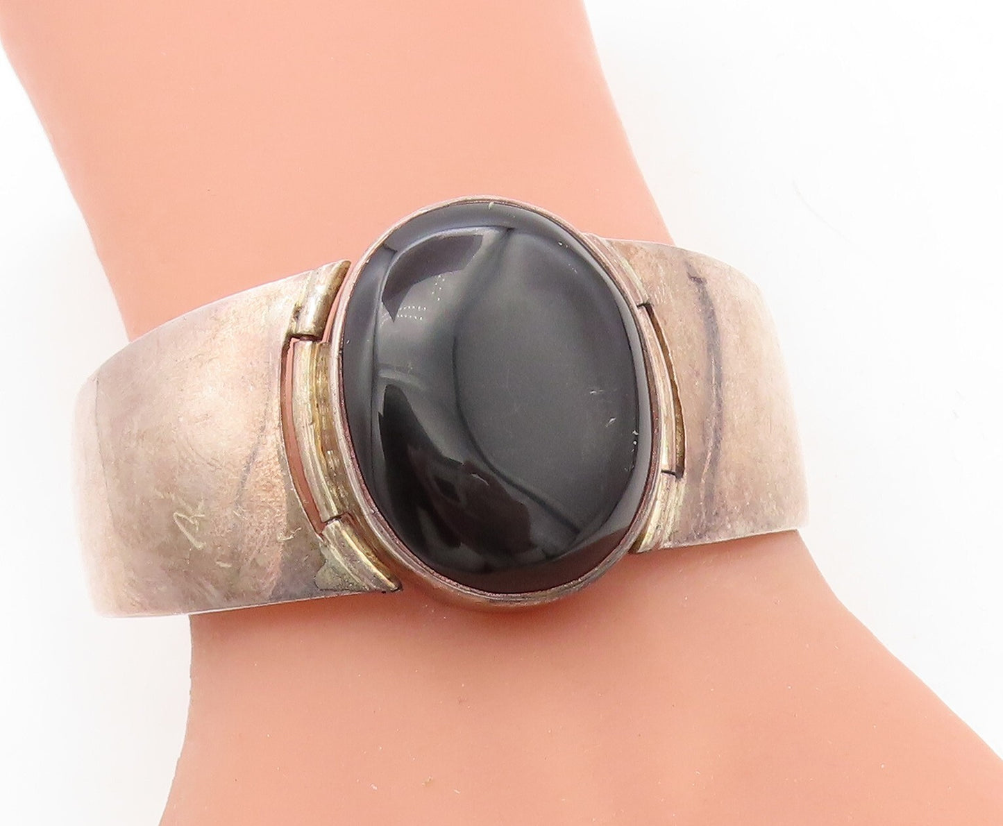 SOLEMN 925 Sterling Silver Vintage Cabochon Black Onyx Cuff Bracelet BT3250