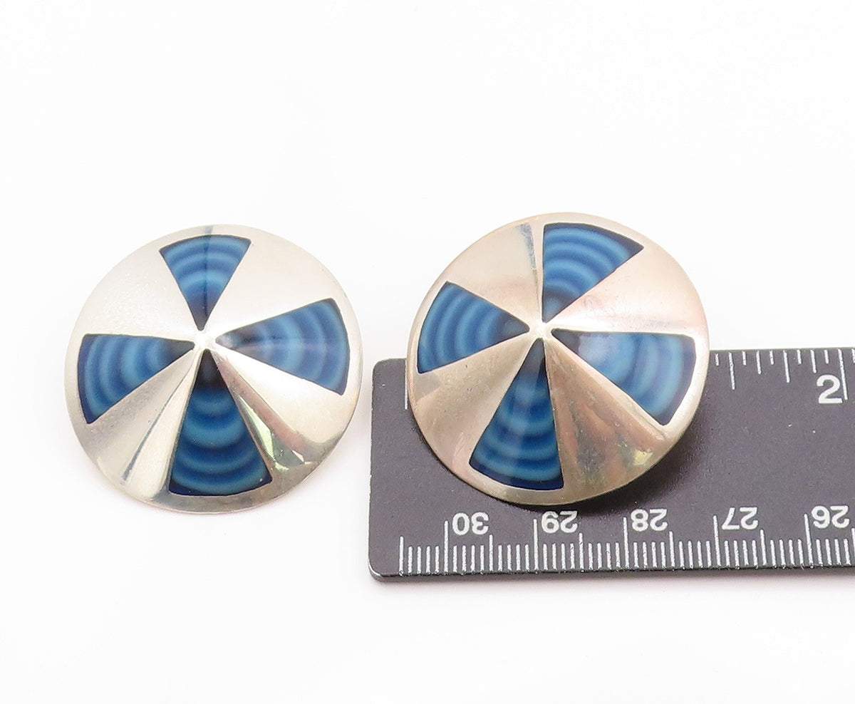 925 Sterling Silver Vintage Earrings MEXICO Designer Gemstone Fan Disk EG13579