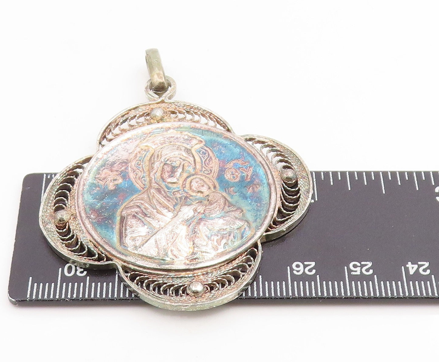 925 Sterling Silver Vintage Pendant Religious Virgin Mary Filigree PT25942