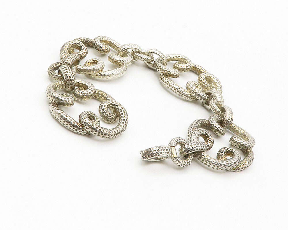 925 Sterling Silver Vintage Shiny Hammered Swirl Link Chain Bracelet BT5469