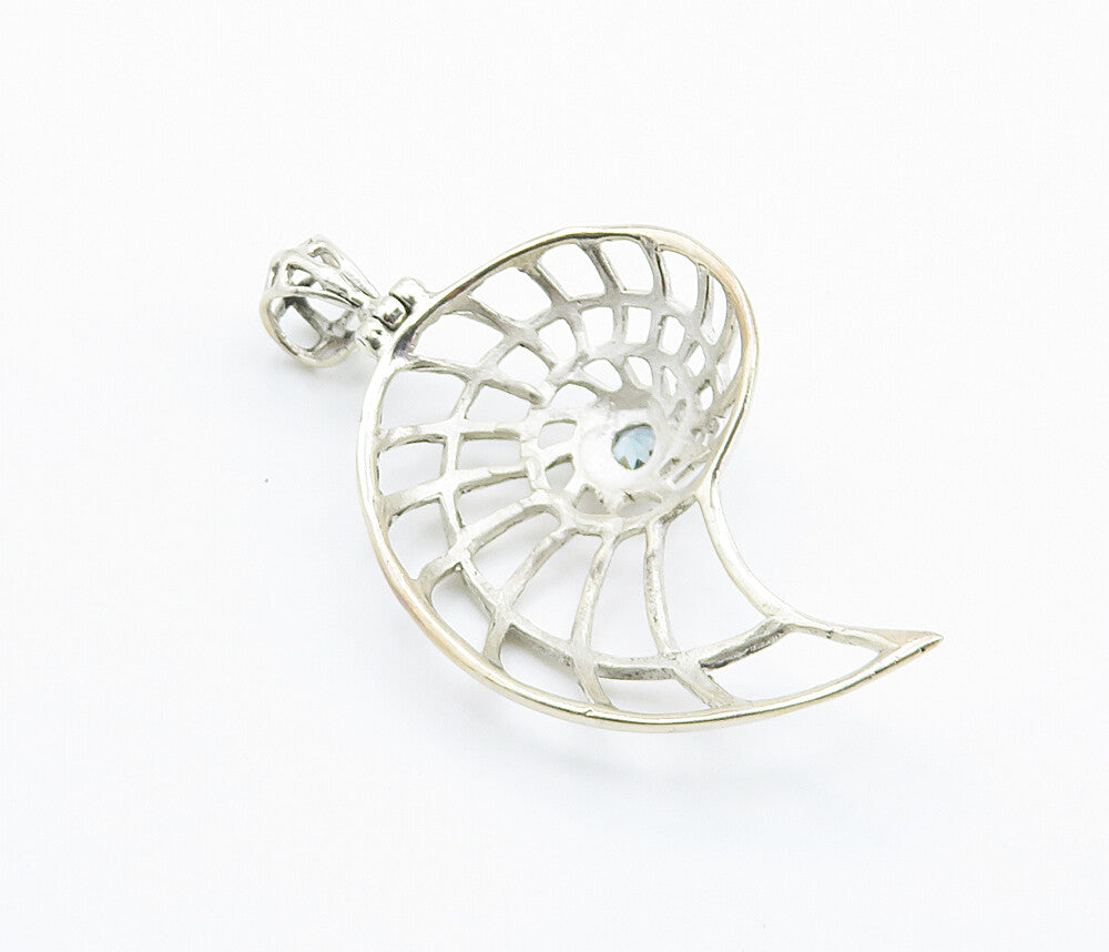 925 Sterling Silver Shiny Blue Topaz Shiny Open Snail Swirl Pendant PT6096