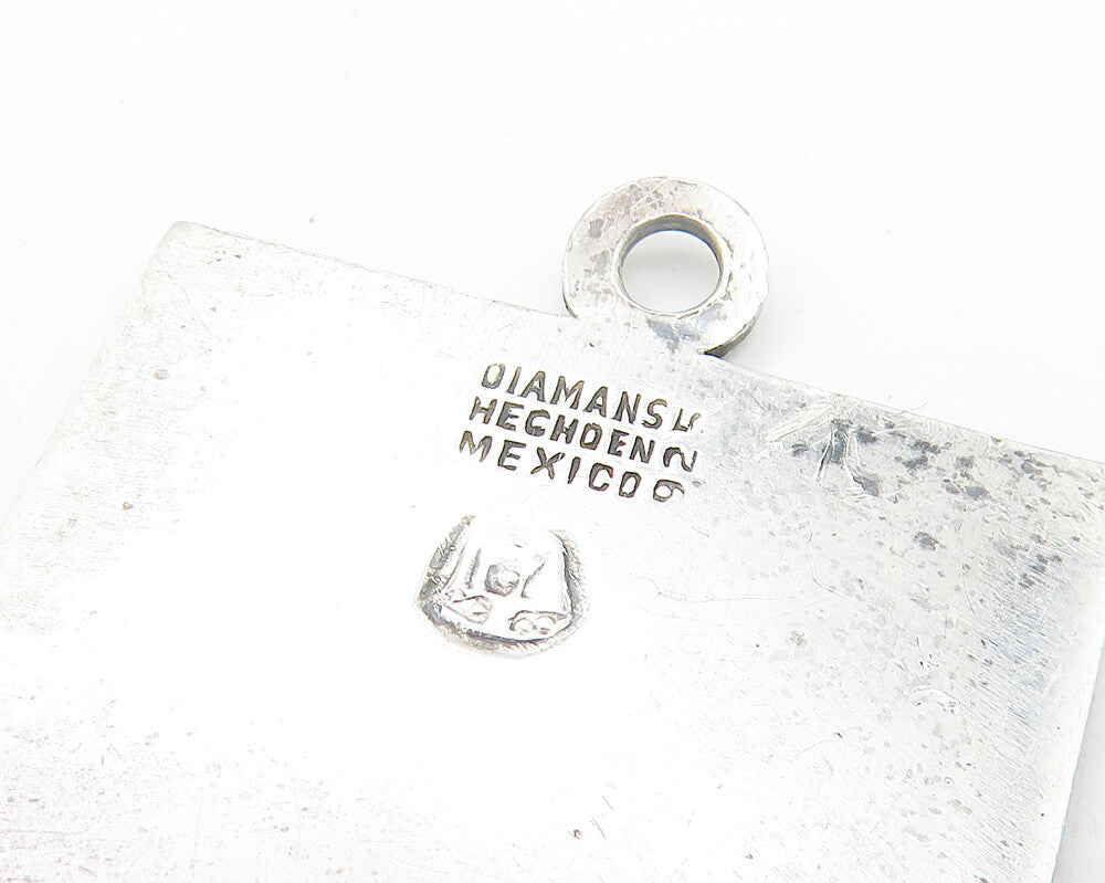 MEXICO 925 Sterling Silver Vintage Etched Star Square Drop Pendant PT9426