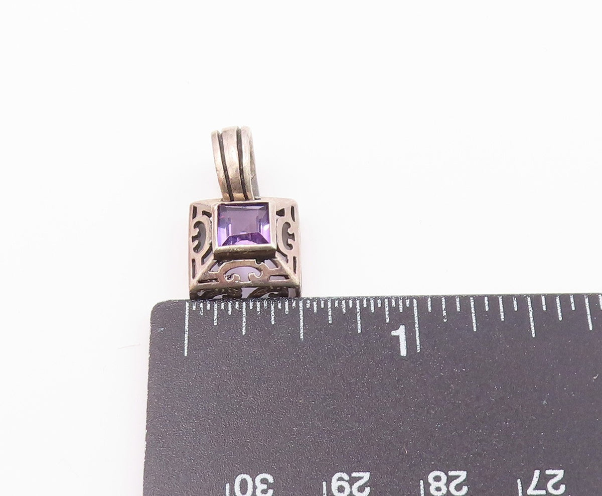 925 Sterling Silver Vintage Amethyst Cutout Square Dome Pendant PT17412