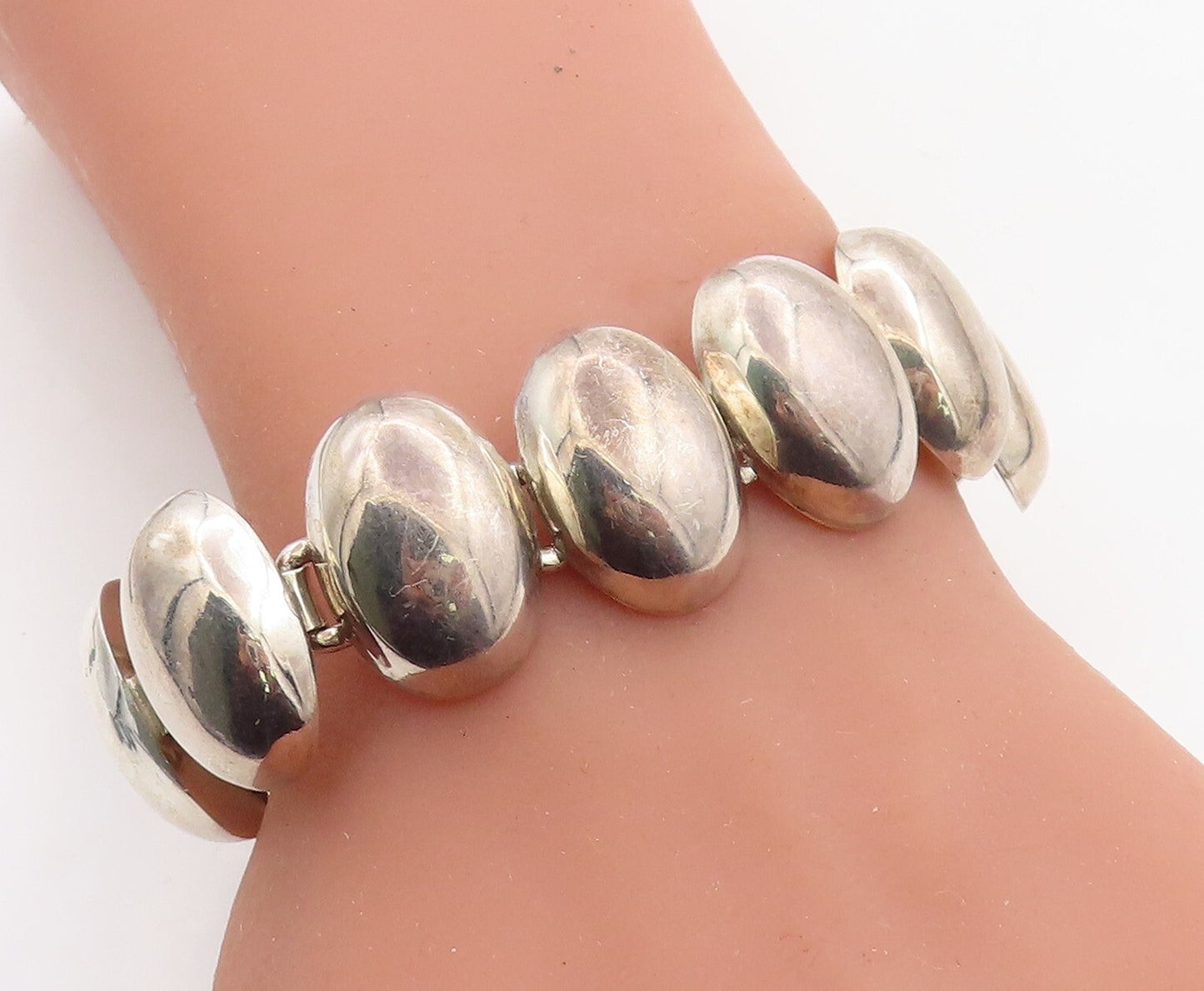 MEXICO 925 Sterling Silver Vintage Shiny Hollow Oval Chain Bracelet BT2014