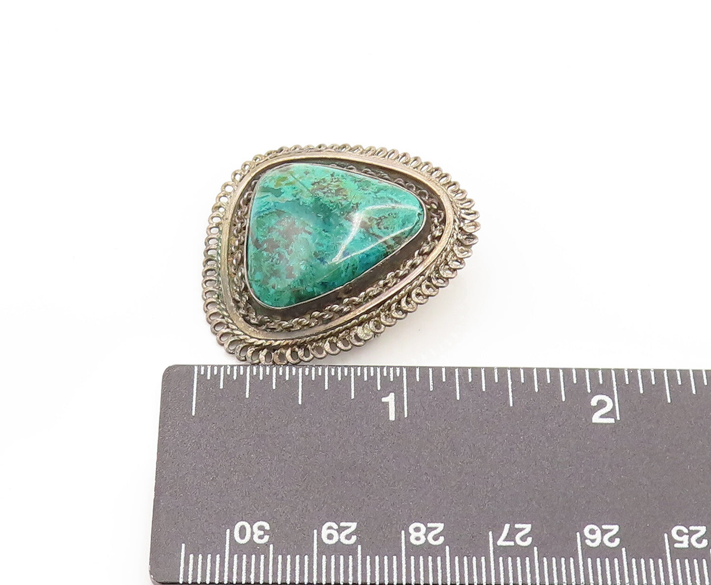 ISRAEL 925 Silver Vintage Chained Border Chrysocolla Brooch Pin BP10133