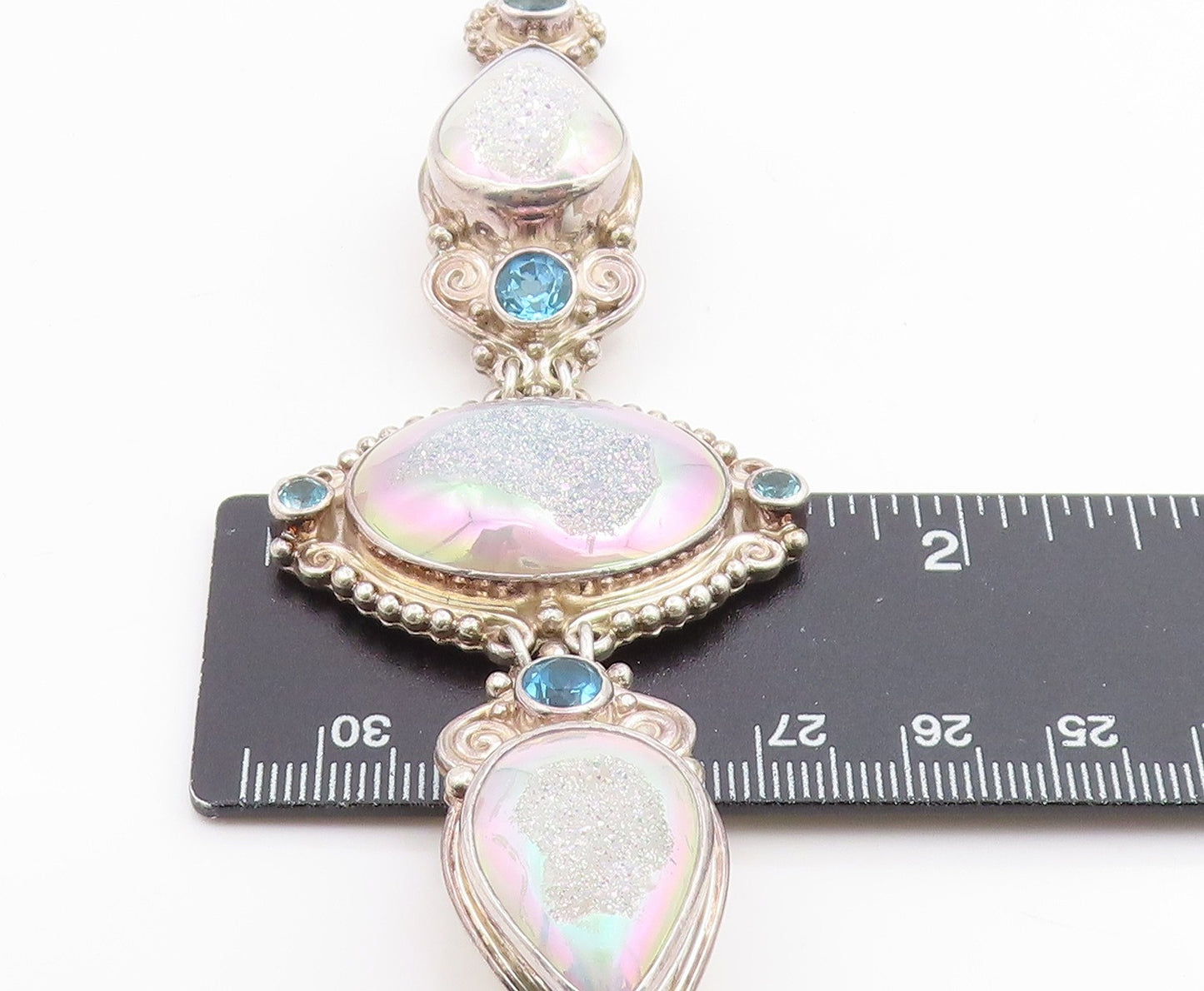 925 Sterling Silver Vintage Bracelet SAJEN Drusy Quartz & Topaz Link BT12003